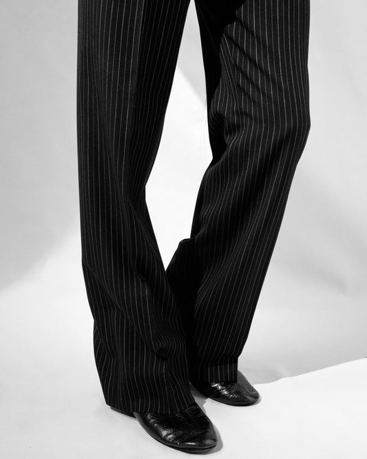 Wide High-Waisted Trousers In Vintage Black White Striped Wool