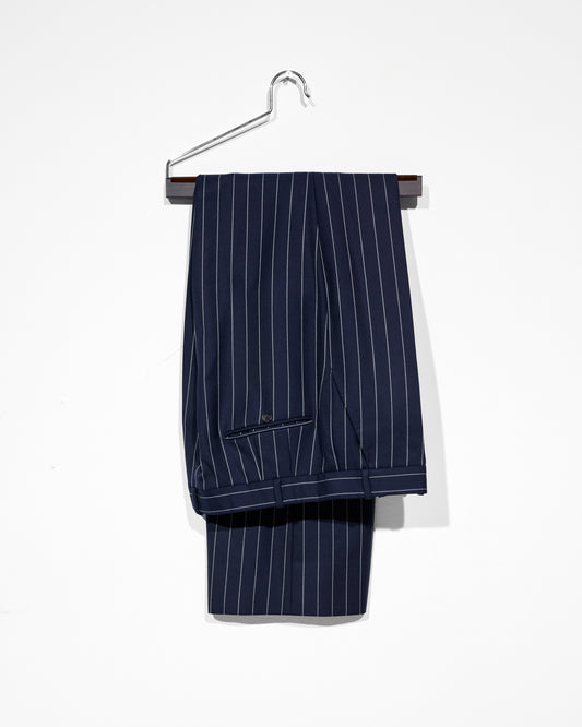Wide High-Waisted Trousers In Navy Chalkstriped Wool