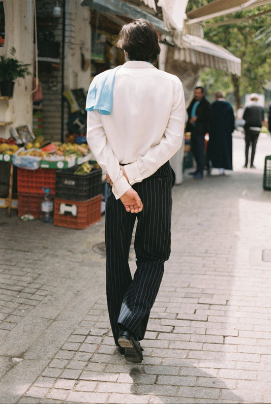 Wide High-Waisted Trousers In Navy Chalkstriped Wool