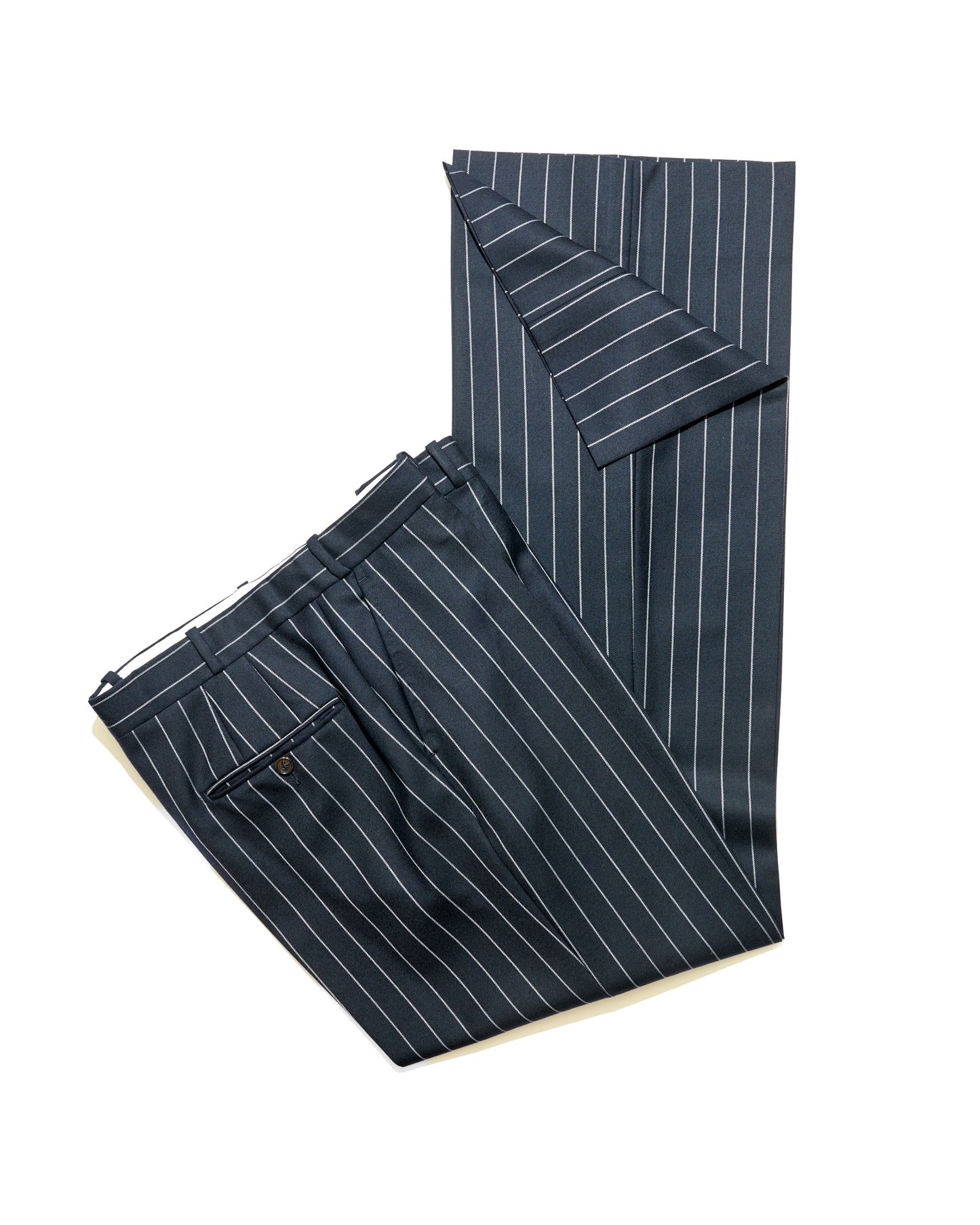 Biboja Bobo trousers in navy chalkstriped wool, wide leg, high waist, made in Portugal