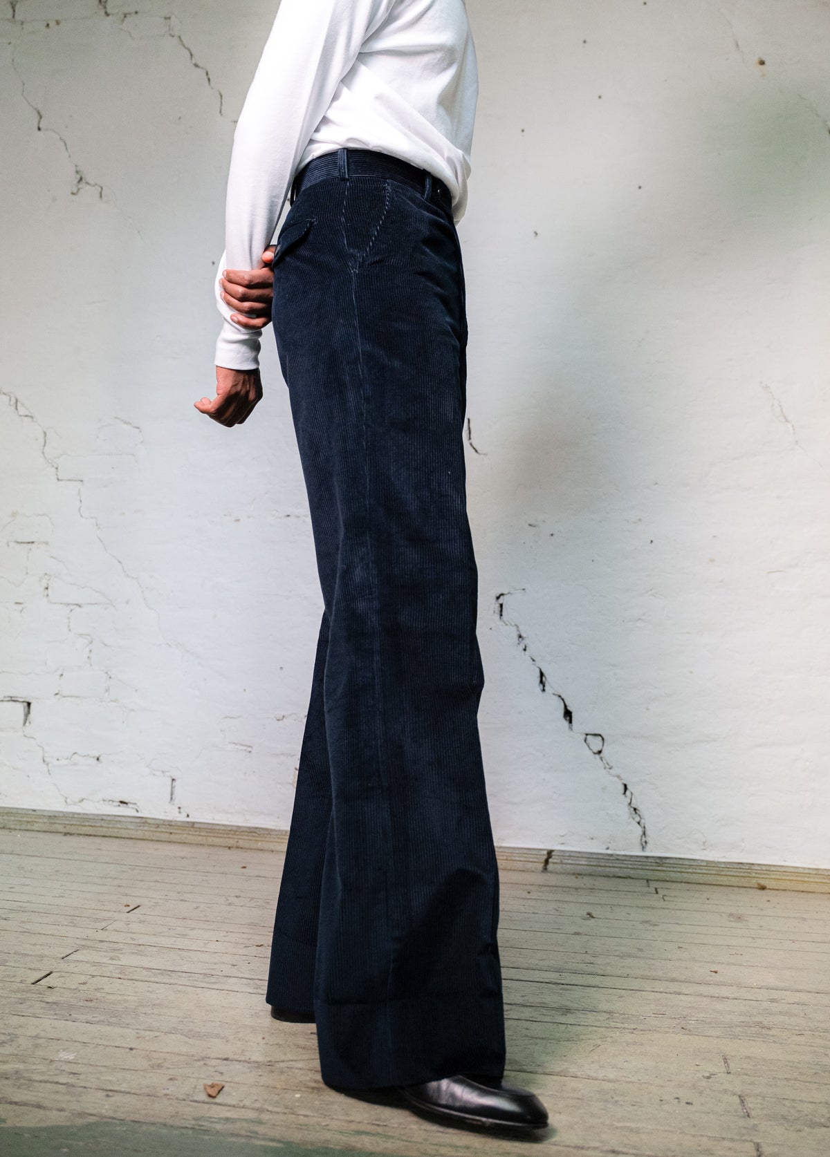 High-Waisted Flared Trousers In Dark Navy Corduroy