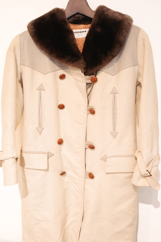 Renoma vintage car coat, cream with brown fur collar, double-breasted with arrow detail buttons