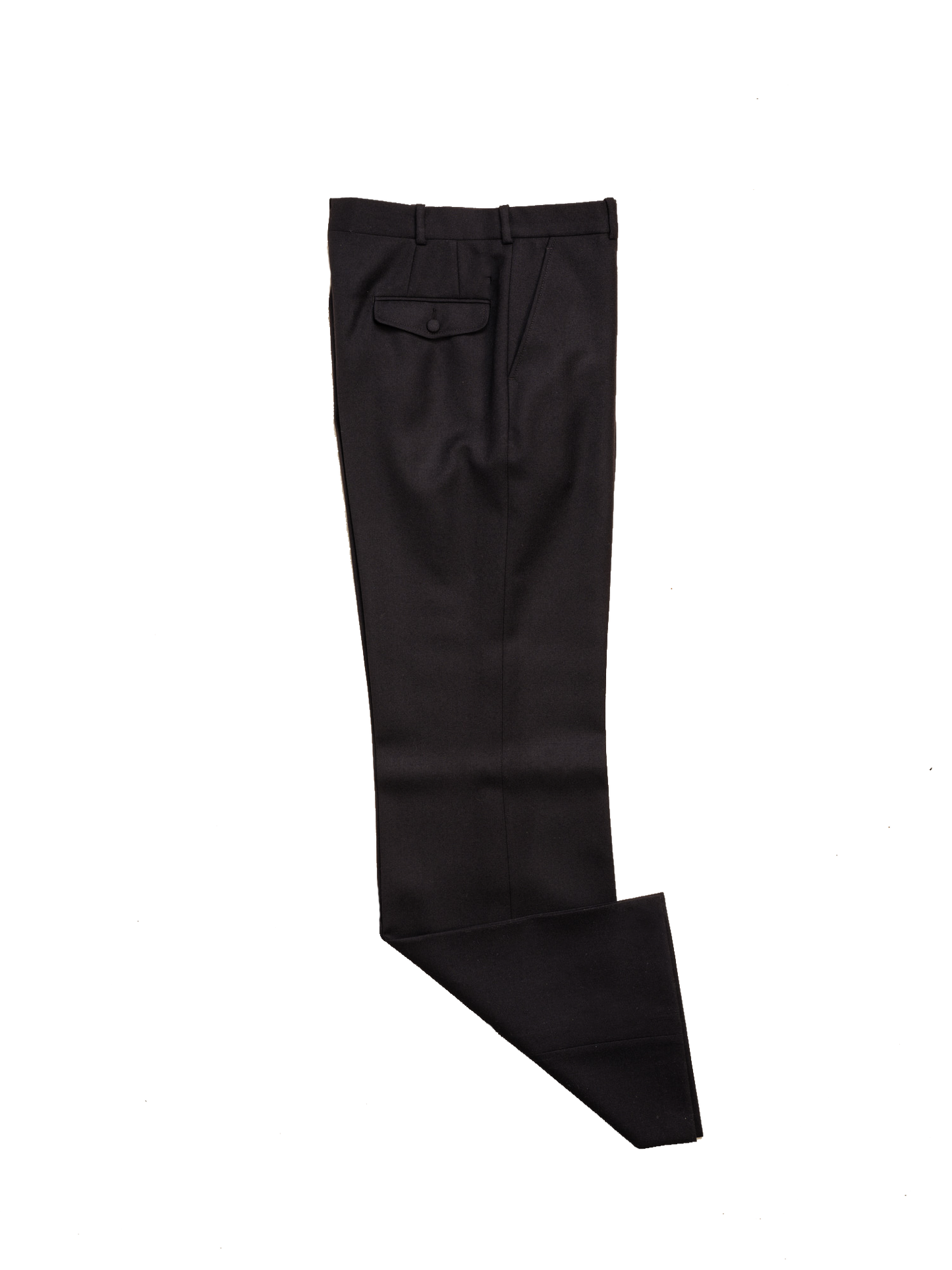 Biboja Bobo trousers in black English worsted wool, flat front, wide leg, high waist, horn buttons, made in Portugal