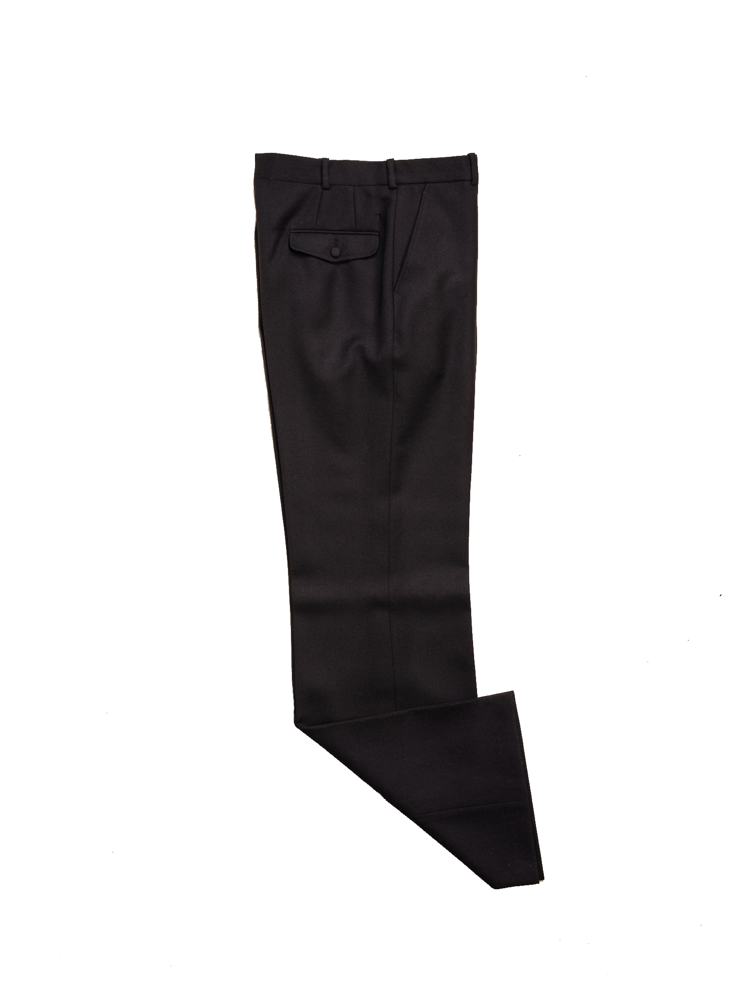 Biboja Bobo trousers in black English worsted wool, flat front, wide leg, high waist, horn buttons, made in Portugal