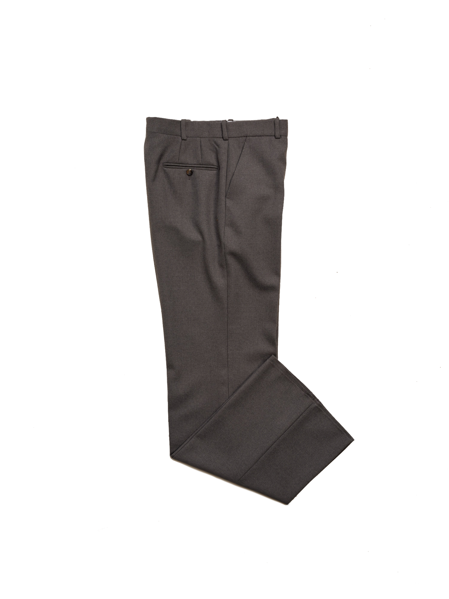Biboja Bobo trousers in vintage grey worsted wool, flat front, wide leg, high waist, horn buttons, made in Portugal